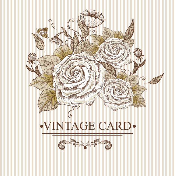 复古花卡片与玫瑰和蝴蝶。图片下载