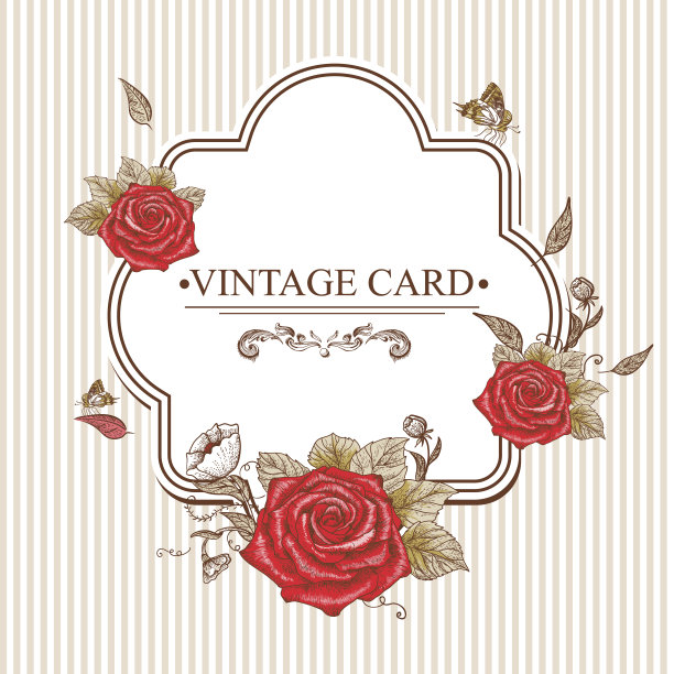 复古花卡片与玫瑰和蝴蝶。图片下载