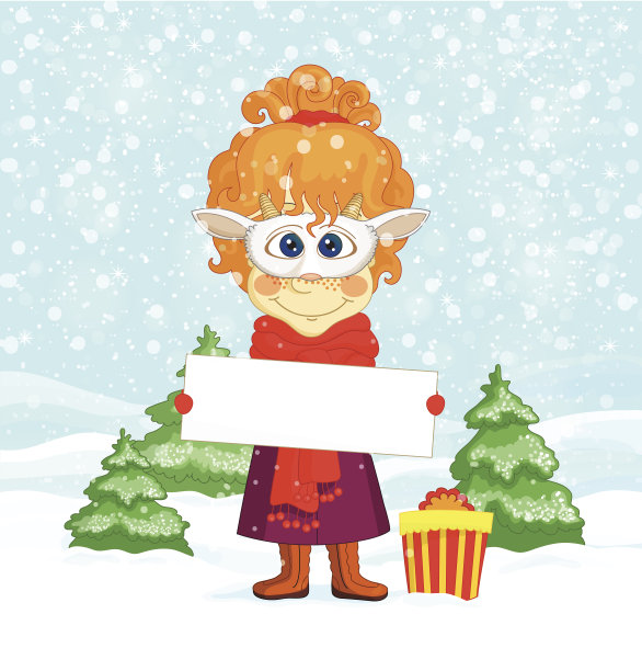 有趣的小女孩和新年吉祥物图片下载