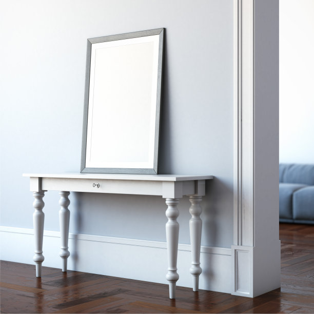 室内有桌子和空白画布。三维渲染图片下载