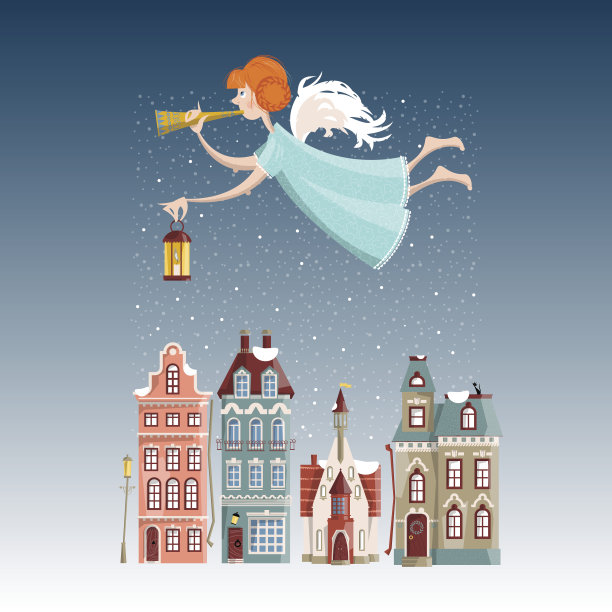 圣诞天使带着喇叭和灯飞过冬天的城市。图片下载