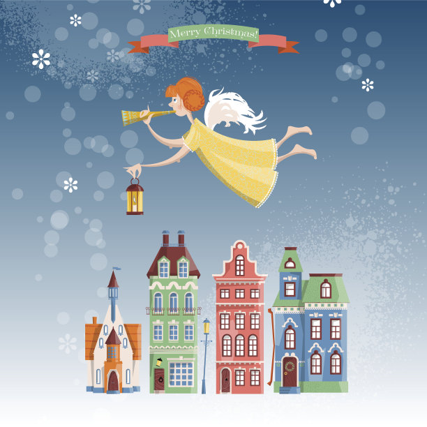 圣诞天使带着喇叭和灯飞过冬天的城市。图片下载