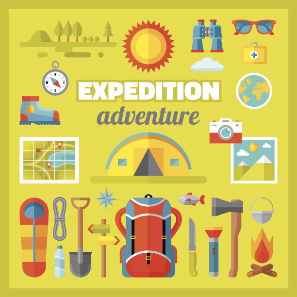 探险冒险-矢量图标设置在平面风格的设计图片下载