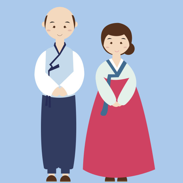 新人身着韩国传统服饰，装扮成亚洲婚纱图片下载