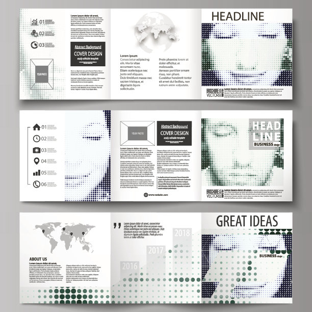 三折方形设计手册的业务模板。传单封面，矢量布局。半色调虚线背景，复古风格，陈旧的图案，复古的纹理。黑白上有黑点的半色调效果图片下载