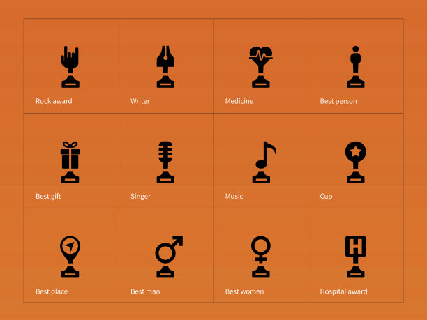 橙色背景上的奖杯和奖励图标图片下载