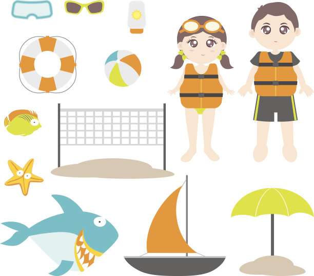 繁忙海滩的卡通插图图片下载