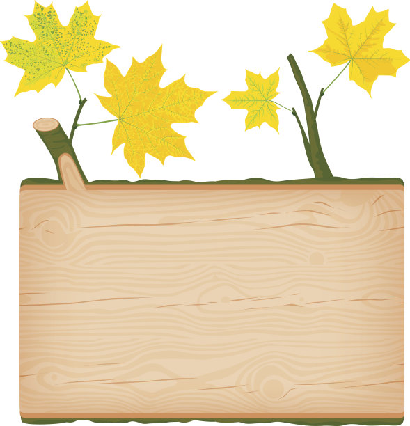 枫木的原木招牌上挂着秋天的黄叶图片下载