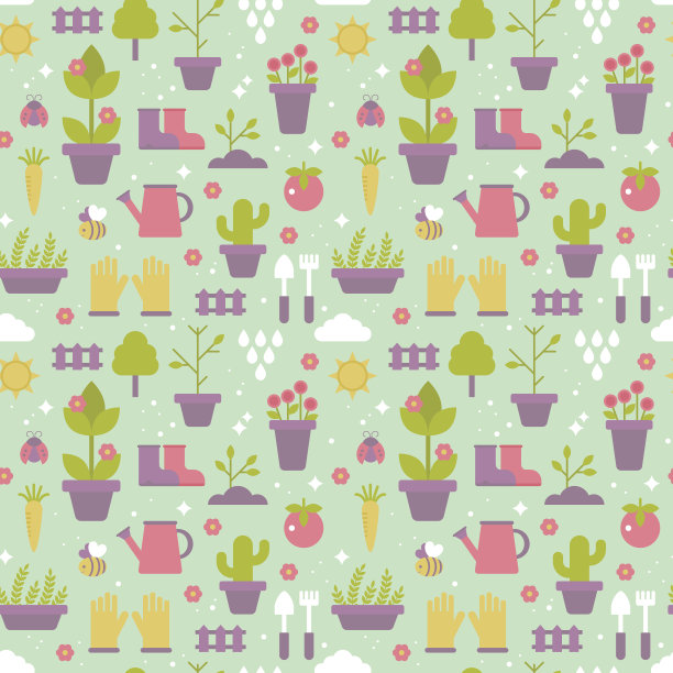 园艺无缝图案设计与可爱的平面图标图片下载