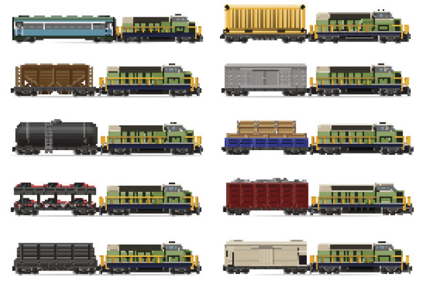 设置图标铁路火车与机车和货车矢量插图图片下载
