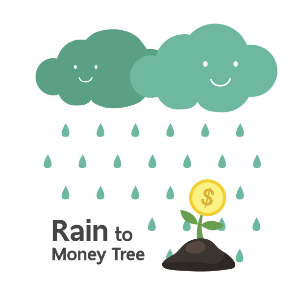 彩云浇灌着树上的钱币。图片下载