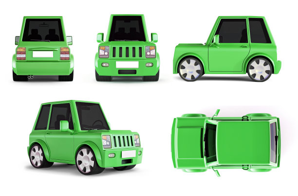 3D插图的绿色SUV卡通汽车的所有观点图片下载