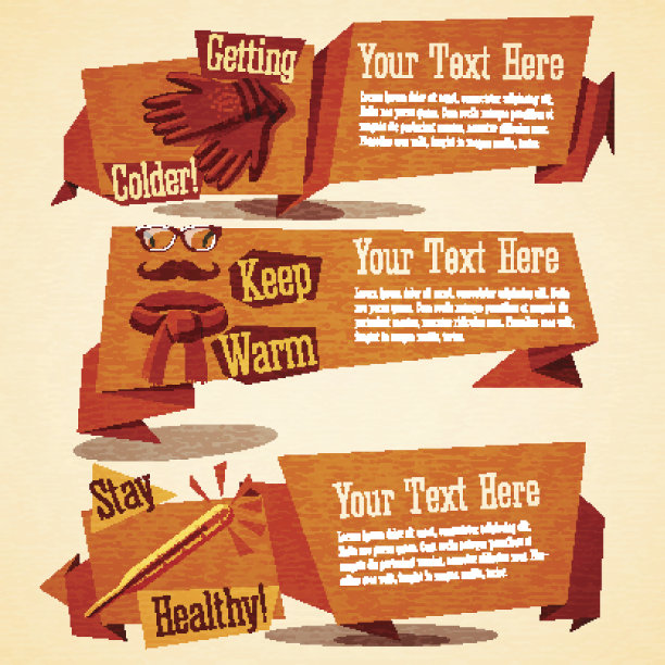 可爱的秋季复古风格横幅。手套、潮人、围巾的图标图片下载