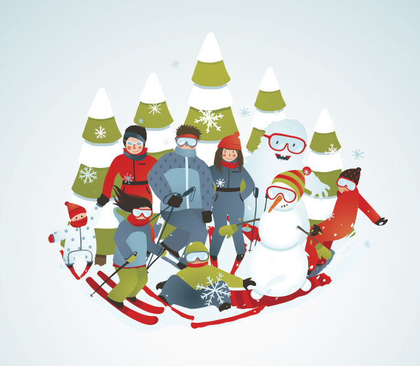 欢快的运动组滑雪者，滑雪板和冬天的树卡通素材图片