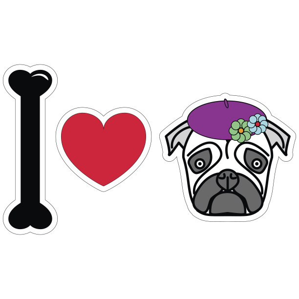 我喜欢狗，哈巴狗贴纸风格与紫色的帽子图片下载