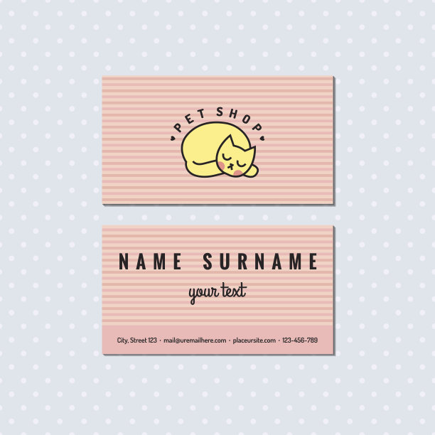 宠物店淡粉色矢量名片。标志与猫。图片下载