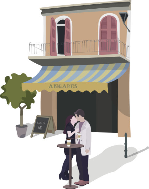 街头咖啡馆里一对接吻的情侣图片下载