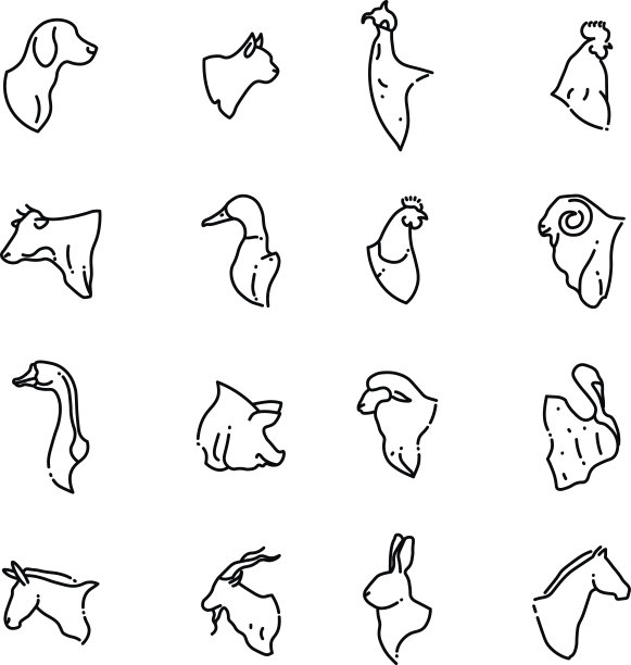 农场动物和鸟类头部矢量细线平图标图片下载