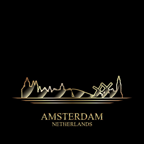 阿姆斯特丹的金色剪影在黑色的背景图片下载