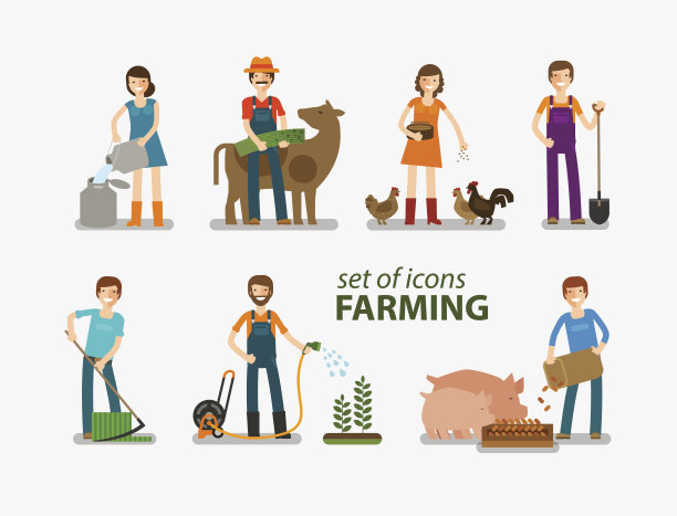 农业和畜牧业的图标。人们在工作中素材图片