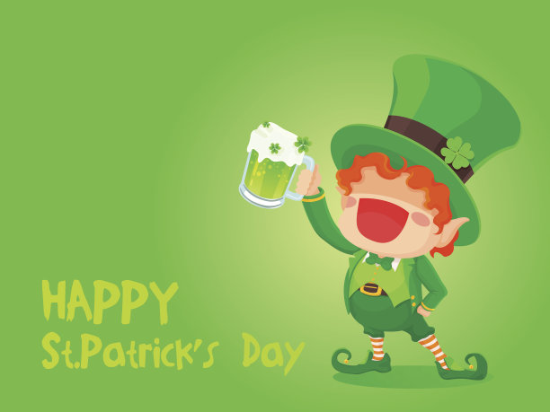 圣帕特里克节快乐的小妖精拿着啤酒。图片下载
