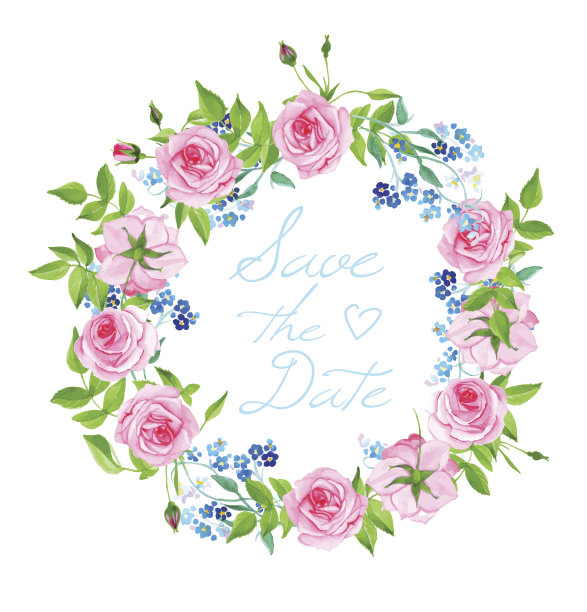 勿忘我和玫瑰花环矢量卡片素材图片