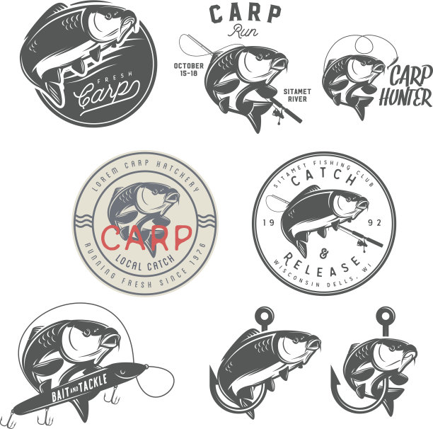 一套复古鲤鱼钓鱼标签，徽章和设计元素图片下载
