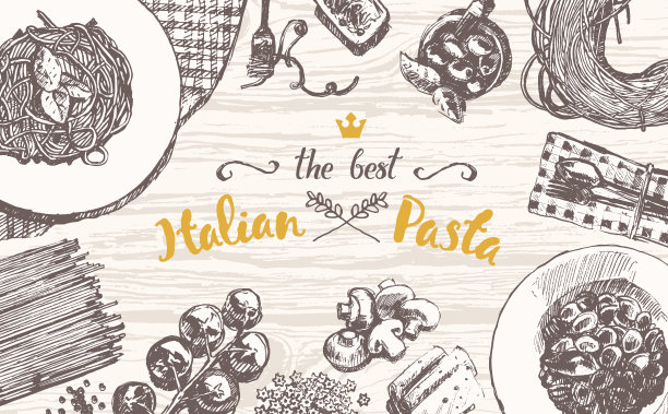 绘制矢量意大利面食木桌面草图图片下载