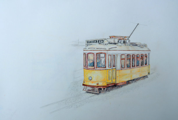 彩色铅笔画的里斯本黄色电车图片下载