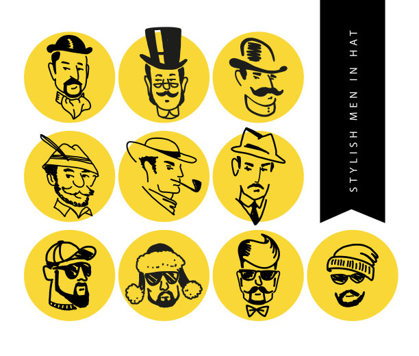 一套平vetor手绘时尚男子在帽子。图片下载