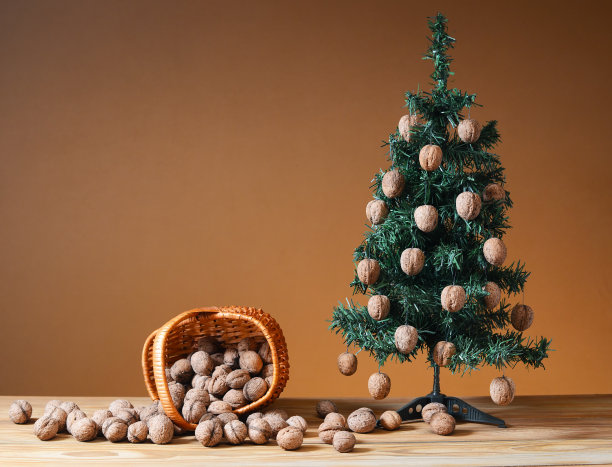 柳条篮子里的核桃和松树图片下载