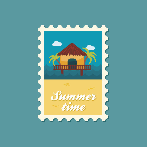 平房与棕榈树邮票。夏天。假期图片下载