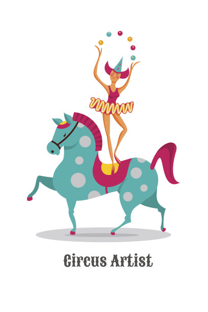 马戏团的艺术家。骑马玩杂耍的女孩。图片下载