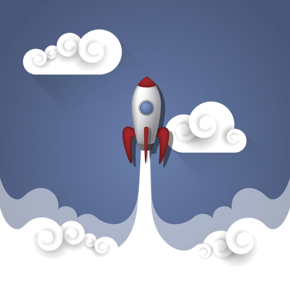 红白相间的火箭穿过云层起飞素材图片