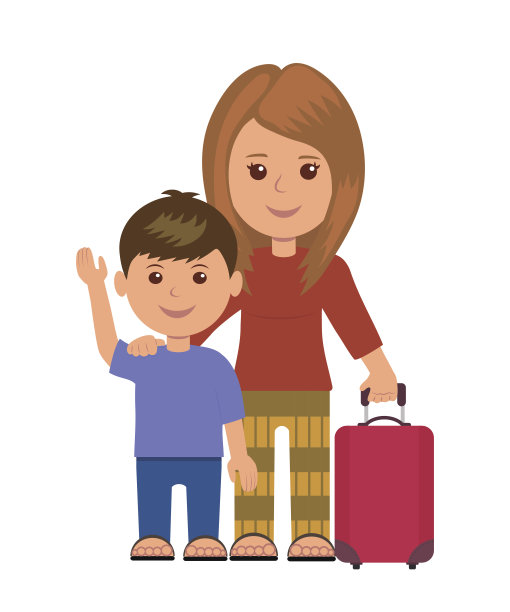 母亲和儿子带着行李包。图片下载