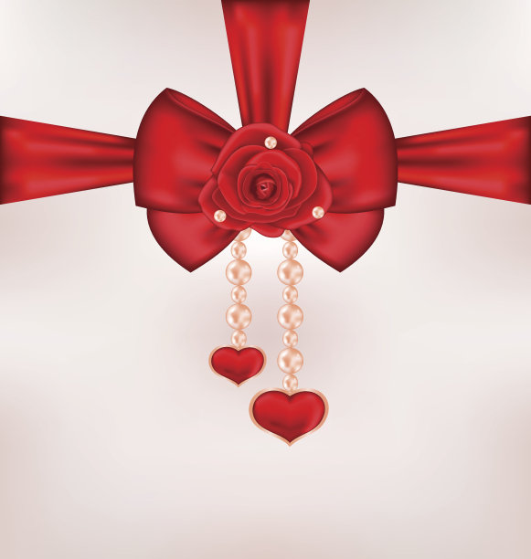 红蝴蝶结，玫瑰，心，珍珠卡片情人节图片下载