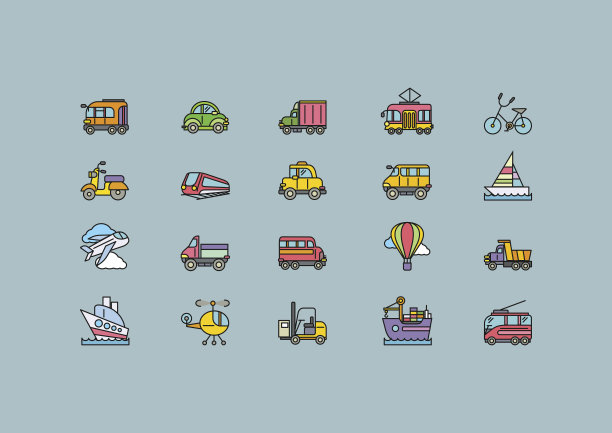 各种运输设置彩色轮廓图标图片下载
