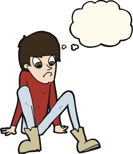 卡通男孩坐在地板上带着思想泡泡图片下载