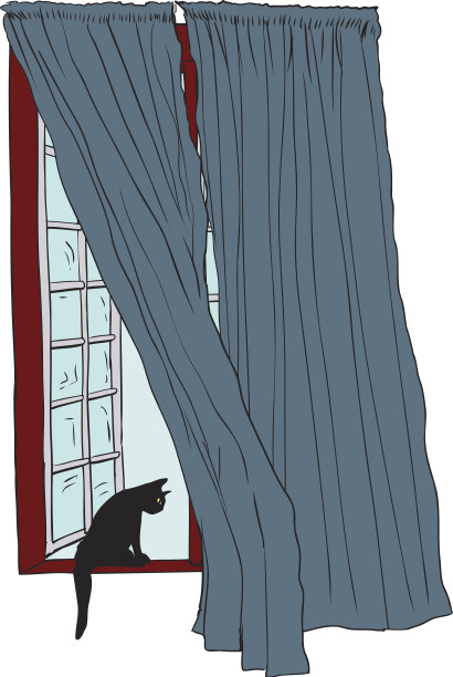 打开窗户，窗台上有黑猫图片下载