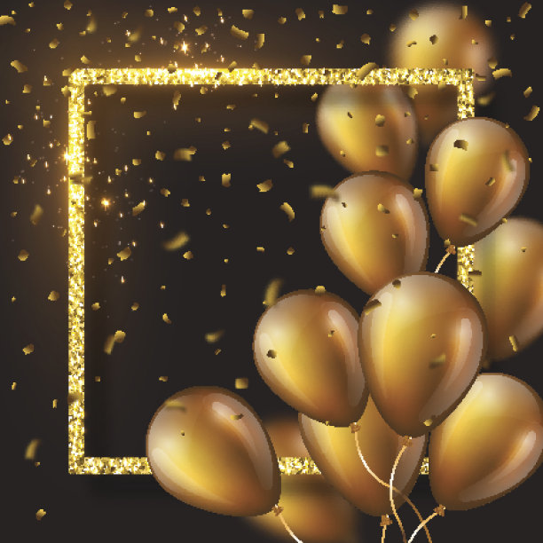 3D光滑的金色气球与框架和五彩纸屑。图片下载
