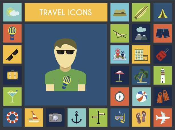 以现代平面图标为主题的休闲旅游。图片下载