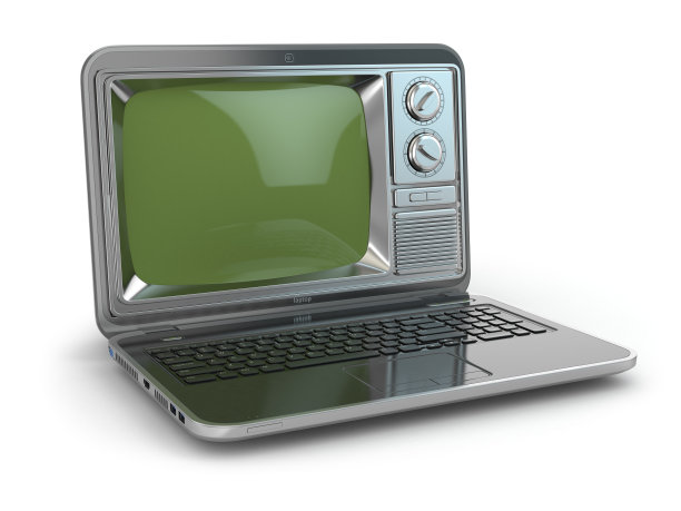 在线电视。带有老式电视屏幕的笔记本电脑。图片下载