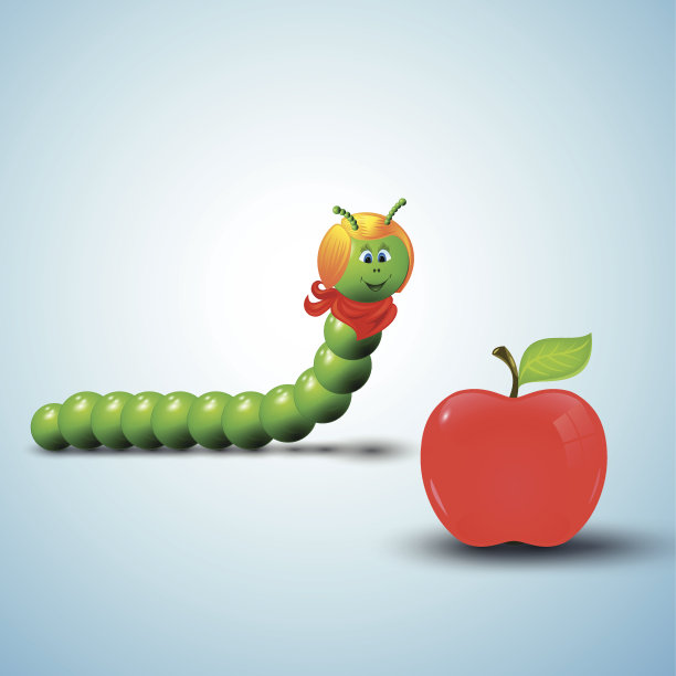 绿色的毛虫，带着红色发亮的苹果的虫子图片下载