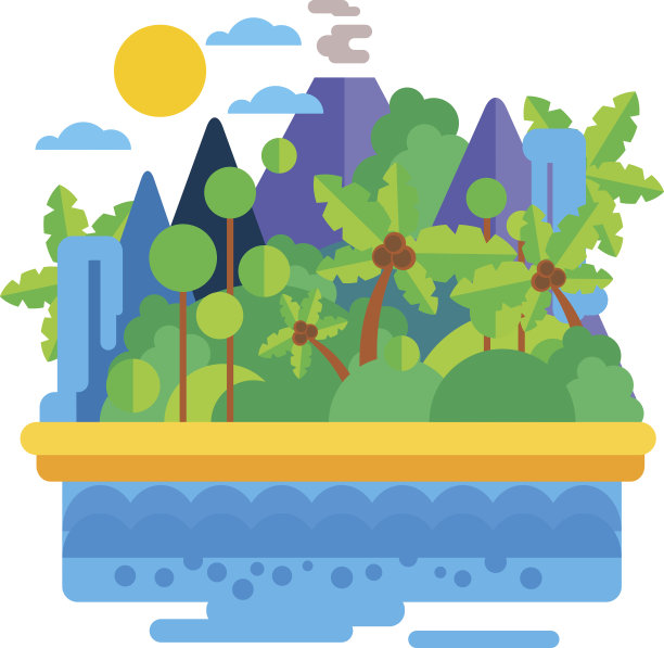 岛上有棕榈树和山脉。矢量图图片下载