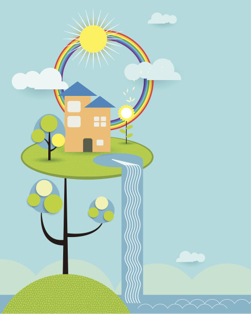 抽象剪纸，家，太阳，云，天空，彩虹素材图片