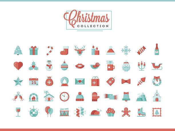 一套50个美丽的圣诞图标，平面设计风格图片下载