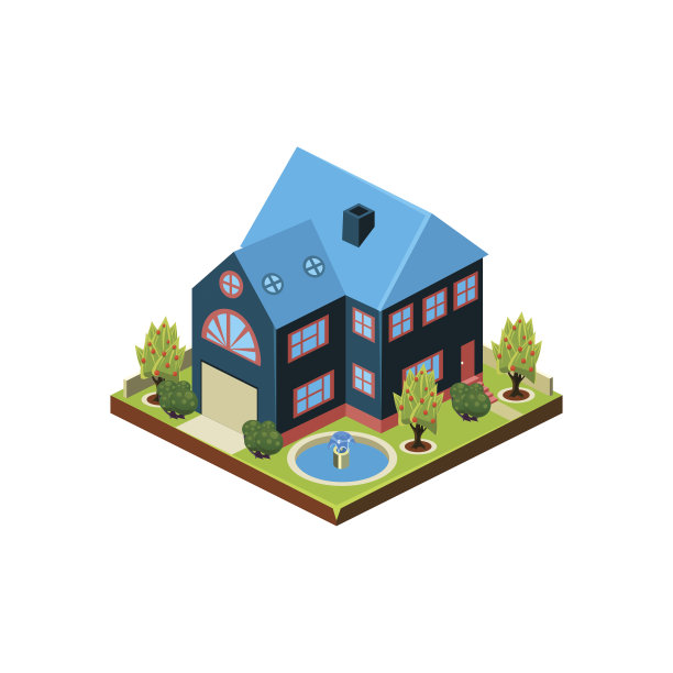 等距图标代表现代住宅与后院图片下载