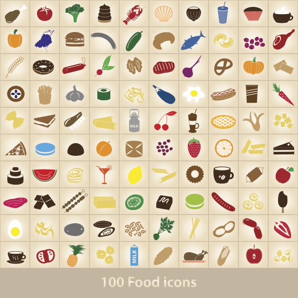 100种不同的食物和饮料颜色图标集图片下载