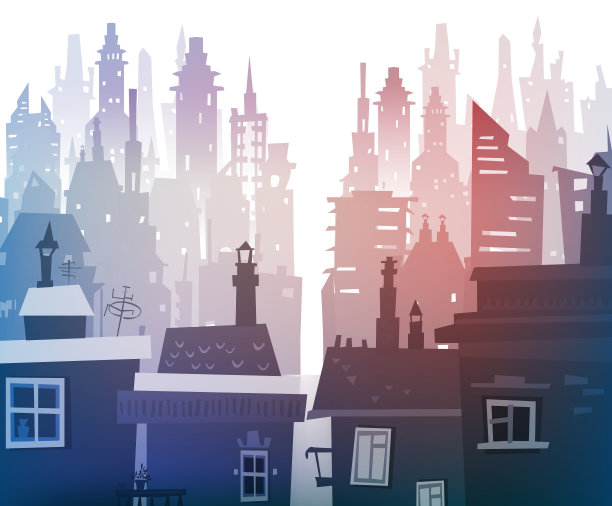 城市背景由不同的建筑剪影构成图片下载