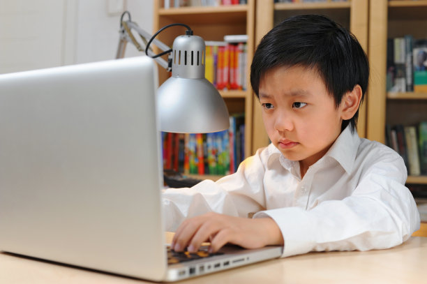 亚洲男孩坐在笔记本电脑前图片下载